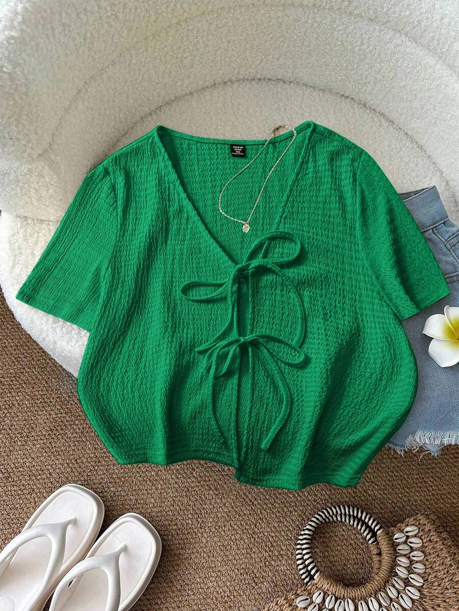 SHEIN LUNE Plus Size Women Summer Casual Vacation Minimalist Solid Color Textured V-Neck Twist Front Short Sleeve Top, Summer Tops - Green - View 1