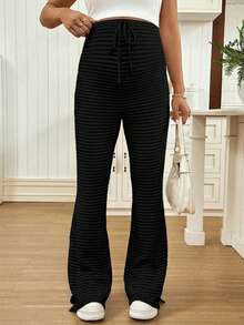 SHEIN Maternity Casual Everyday Commute Solid Color Textured Fabric Adjustable Drawstring Waist Flare Pants - Black - View 6