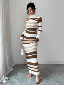 SHEIN Elenzya Đầm len cổ cao ôm eo kẻ sọc nhiều màu sắc thanh lịch, thoải mái dành cho nữ, thích hợp mặc đi làm, mùa thu/đông. - Nhiều màu - Xem 6