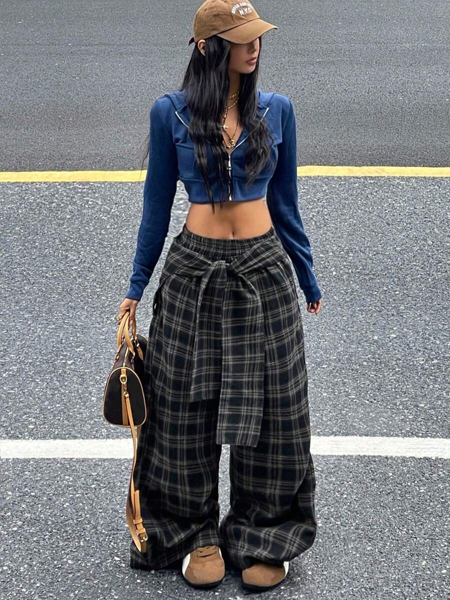 Coolane 女士休闲格子梭织宽松阔腿裤，秋季款 - 寶藍色 - 查看 1