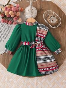 SHEIN 女婴春秋季新款黑色泡泡袖印花披肩领连衣裙，优雅休闲/假日连衣裙 - 綠色 - 查看 6