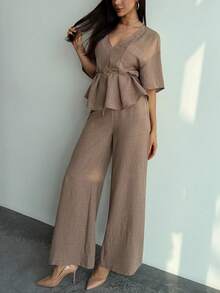 Aloruh Women's Fashion Drop Shoulder V-Neck Blouse & Pants 2 Pieces Set - Khaki - View 6