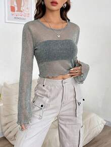 SHEIN EZwear 黑色荷叶边薄纱网眼上衣，无抹胸款式 - 銀色 - 查看 5
