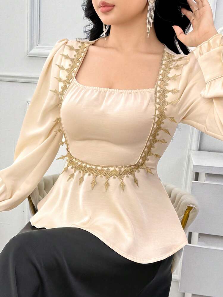 Women's Elegant Lace Patchwork Square Collar Puff Sleeve Frill Trim Blouse, Spring/Summer,Wedding Guest Dress Women Babydoll Top