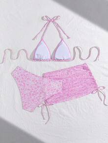 Swim Vcay 3pcs Women's Sexy Leopard Print Halter Neck Triangle Cup Mesh Sarong Bikini Set - Baby Pink - View 7