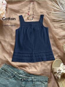 Rusticease Women's Solid Color Contrast Lace Single-Breasted Square Collar Sleeveless Blouse - Navy Blue - View 3
