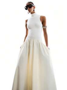 LYSMO 2026 New Arrive Minimalism Spring/Summer Women's Fashion Ribbed Knit Patchwork Turtleneck Sleeveless Dress - Beige - View 6