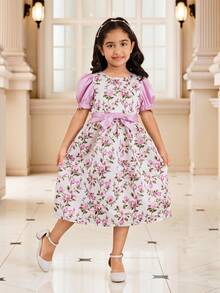 Glamorique Kids Young Girl Spring/Summer New Floral All-Over Print Satin Patchwork Contrast Color Taffeta Detachable Bow Tie Design Elegant Puff Sleeve Party Dress Lilac Kids Dress Party Floral Dress For Girls Girls Puffy Sleeve Dress Kids Jacquard Dresses Girls Party Dress - Purple - View 7