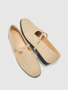 CUCCOO BIZCHIC New Retro Loafers Small Leather Shoes Round Toe Flat Bottom Slip On Buckle Commuter Shoes Women - Apricot - View 10