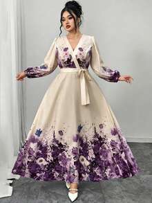 Modelyn Plus Size Women V-Neck Floral Print Twist Waist Elegant Fitted Party Dress - Multicolor - View 1