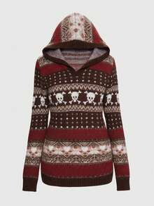 ROMWE J-Fashion 女式万圣节骷髅图案复古印花套头连帽毛衣，秋冬，长袖上衣 - 棕色 - 查看 4