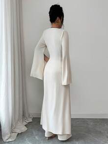 Elenzga 女士优雅两件套，V领金属纽扣开衩喇叭袖上衣搭配直筒/阔腿裤，适合通勤、日常穿着、度假、派对等场合，黑色滚边，秋冬春夏皆宜。 - 白色 - 查看 2