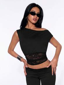 SHEIN ICON 女款不對稱單肩蕾絲收腰上衣 - 黑色 - 查看 7