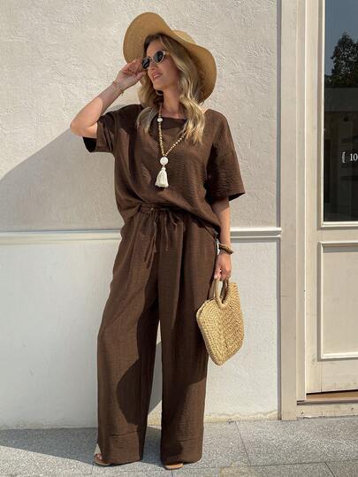 Vivie Lora Women's Solid Color Round Neck Short Sleeve Top And Drawstring Waist Wide Leg Pants Casual 2-Piece Set