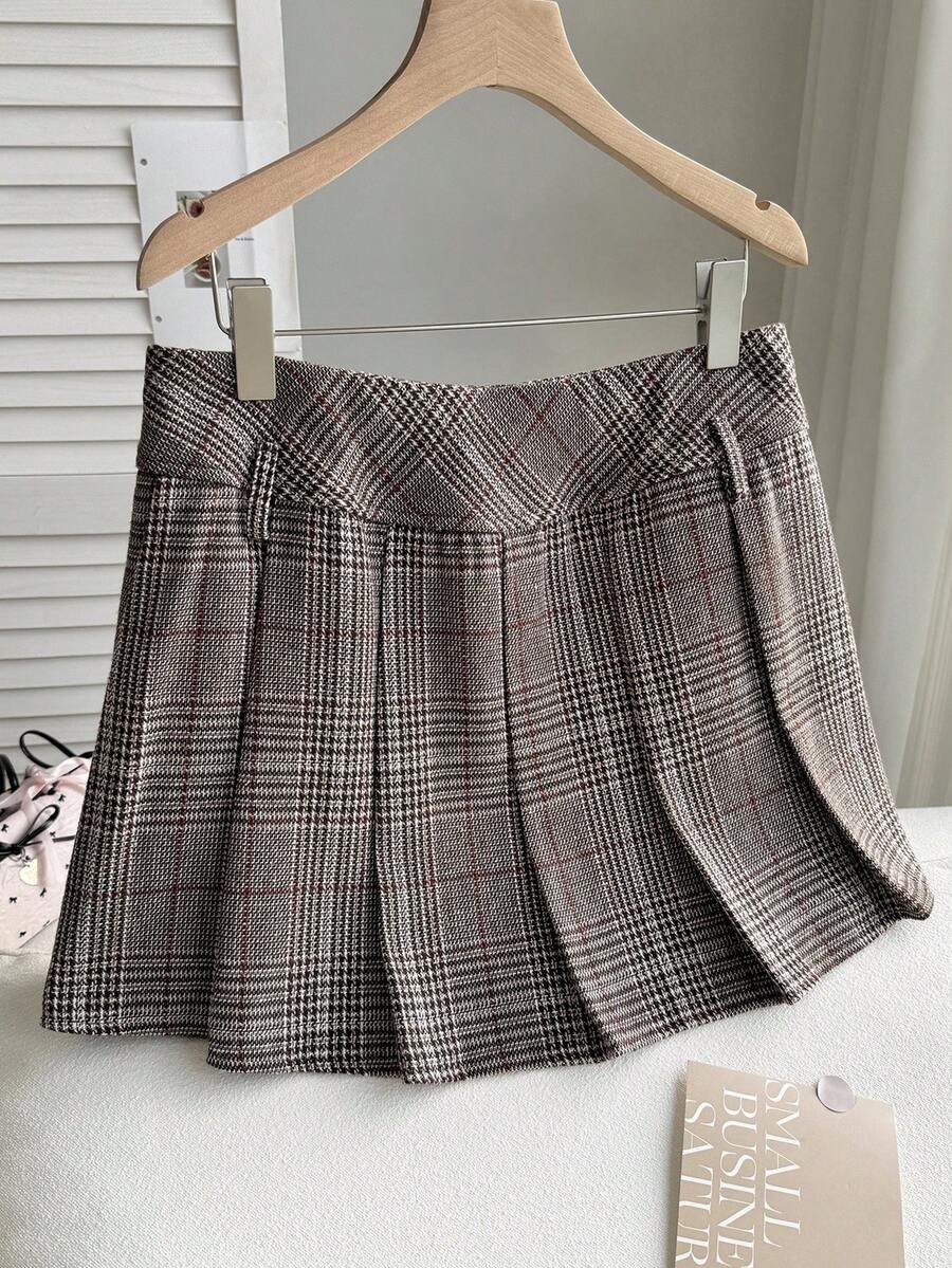 Comfortcana Große Größen Lässig Retro Collegiate Khaki karierter Rock mit Futter - Khaki - Übersicht 1