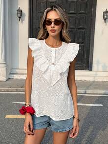 Franclia 时尚按扣半开襟圆领无袖镂空刺绣商务/办公/通勤百搭都市约会派对海滩休闲优雅女式衬衫上衣夏季可爱女式上衣夏季可爱女式衬衫休闲女式上衣优雅法式衬衫 - 白色 - 查看 6