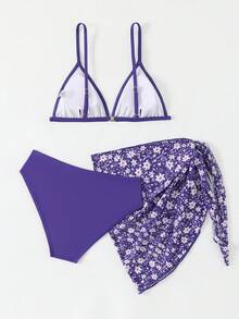 SHEIN 3件套少女紫色和白色碎花针织面料比基尼套装，休闲紫色和白色小碎花针织面料肩带深V领开衩泳装套装，三件套时尚休闲精致女士泳装，适合夏季度假海滩游泳池夏季派对休闲度假，3件套比基尼带纱笼裙，比基尼套装带纱笼裙泳装少女套装泳衣套装，端庄比基尼套装紫色比基尼套装 - 紫色 - 查看 2