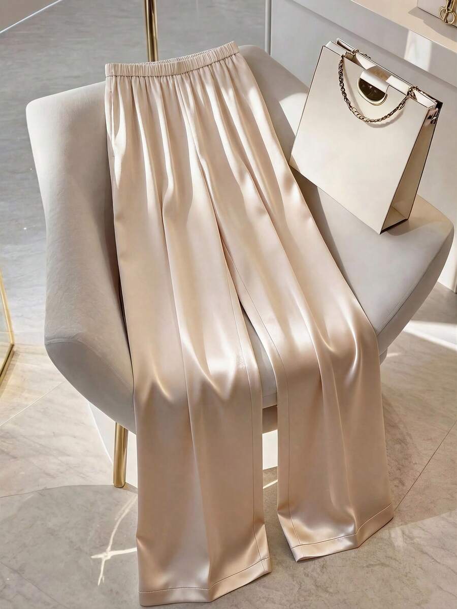 GlowEve Quần ống đứng dáng rộng, màu trơn, cạp chun, thiết kế tối giản. - Màu be - Xem 1