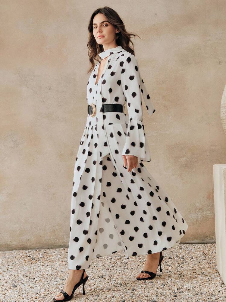 Women's Elegant Polka Dot Puff Sleeve Pleated Dress, Fashionable & Charming, Suitable For Spring Long Sleeve Polka Dot Dress Black And White Polka Dot Dress Polkadot Dress Polka Dot Dresses For Women