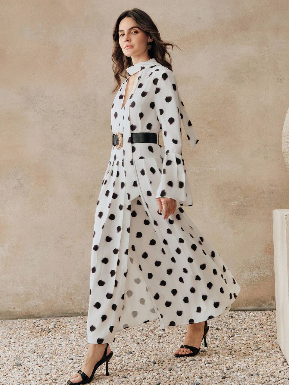 Anewsta Women's Elegant Polka Dot Puff Sleeve Pleated Dress,Fashionable & Charming White With Black Polka Dots,Autumn,Tea Party Long Sleeve Polkadot Dresses