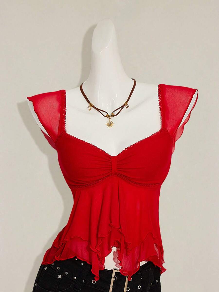 SHEIN ICON Women's Ruched Front Fitted Sexy Mesh Patchwork Cap Sleeve Backless Casual Vacation Cropped Tank Top - Red - View 1