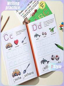 SHEIN Libro de trazado de 32 páginas para niños Lachilly, cuaderno de ejercicios de alfabeto español, libro de práctica de escritura ABC, libro de actividades interactivo de aprendizaje temprano para preescolar - Multicolor - Ver 1