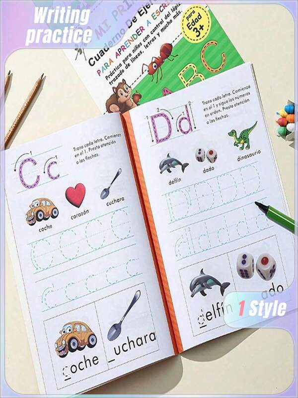 SHEIN Lachilly 32页儿童描摹本西班牙语字母练习册字帖练习活动书籍学龄前儿童书写练习ABC描摹本互动早教练习册