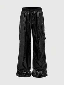 ROMWE MEN Street Life Men's Drawstring Waist Cargo Pocket Wide Leg Loose Shiny Sweatpants - Black - View 8