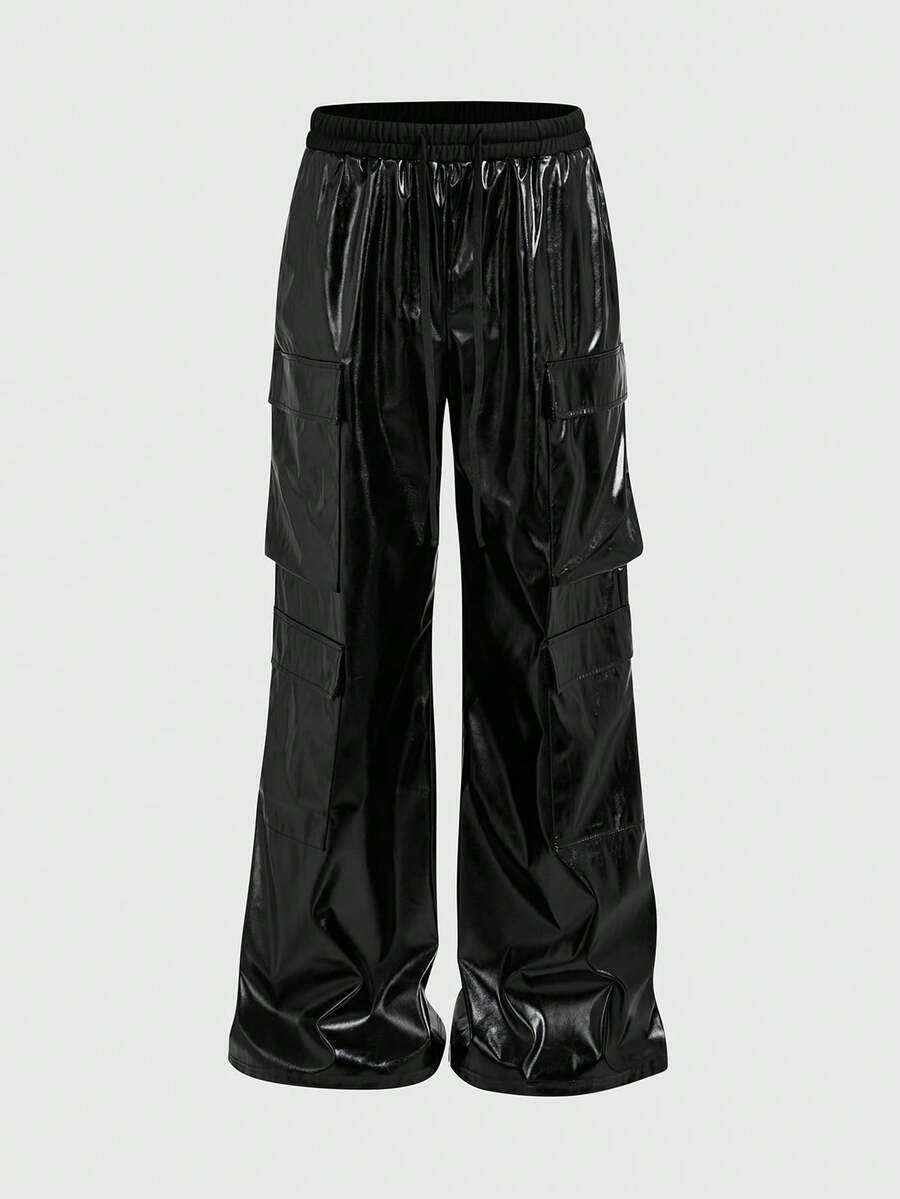 ROMWE MEN Street Life Men's Drawstring Waist Cargo Pocket Wide Leg Loose Shiny Sweatpants - Black - View 1