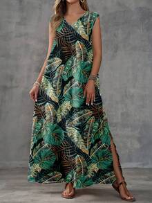 EMERY ROSE Casual Minimalist Vacation Bohemian Elegant Romantic Retro Tropical Plant Print Pattern, Beach Outfit, Vacation Outfit, Women Loose V-Neck Dress For Summer Outing - Multicolor - View 4