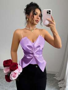 Rafferiza 情人节时尚蝴蝶结透明肩带红色拉链设计吊带衫 - 紫丁香色 - 查看 7