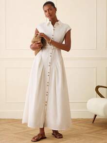 Lilora Women's Elegant Long Open Front Shirt Dress - Beige - View 5