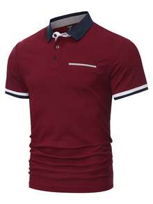 Manfinity Mode Men's Striped Short Sleeve Casual Commuter Polo Shirt - Burgundy - View 4