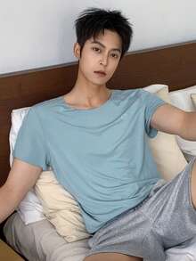 DAZY 男士纯蓝色圆领家居服上衣，夏季 - 藍色 - 查看 7