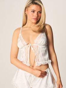 MISSGUIDED Satin Lace Trim Baby Doll Cami Top And Shorts Pajama Set With Tie Front Detail And Delicate Eyelash Lace Edging - White - View 4