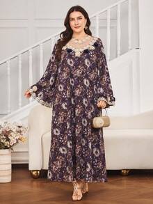 Al Najma Plus Size Middle Eastern Style Ornate Printed Long Sleeve Dress, Round Neck, Hollow Lace Trim Decor, Loose Comfortable Soft Digital Print Dress - Multicolor - View 5