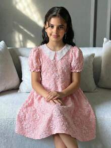 SHEIN 少女优雅提花刺绣领泡泡袖拼接喇叭下摆编织纹理提花连衣裙，粉色 - 粉色 - 查看 3