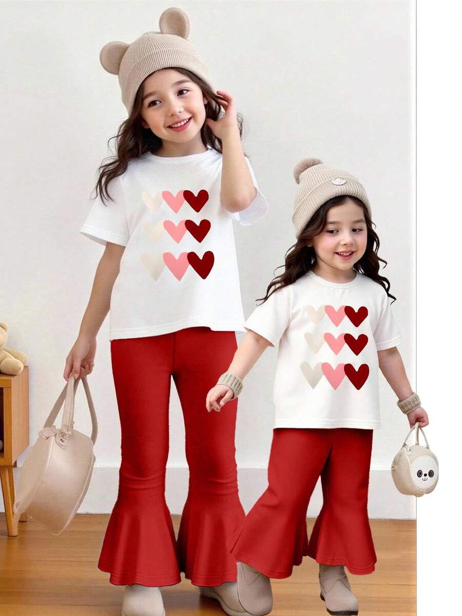 Bộ 2 món cho bé gái: Áo thun trắng và quần ống loe đỏ, in hình trái tim, phù hợp cho bé 2-3 tuổi (6-24 tháng), kiểu công chúa dễ thương, thoải mái cho mùa xuân, hè, thu, đông, mặc hàng ngày. - Nhiều màu - Xem 1