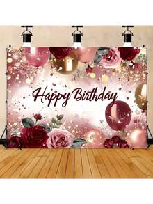 1-Piece Polyester Birthday Party Banner | Rose & Red Balloon Pattern, Perfect For Indoor/Outdoor Decor & Photo Backdrop - Multicolor - View 5