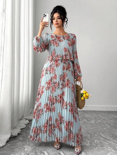 Elenzga Plus Size Pleated Long Sleeve Casual A-Line Dress, Versatile For Spring/Summer Chiffon Dresses For Women Pleated Maxi Dress Modest Dress Long Sleeve Maxi Dresses Light Blue Floral Maxi Dress Maxi Floral Dress Floral Maternity Dress Pleated Dresses For Women Dusty Blue Elegant Dress Dusty Blue Dress Floral Print Dress