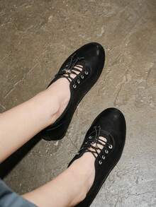New Women Casual Leather Suede Ballet Flats, Black Lace Up Ballet Shoes, Autumn Winter - Black - View 7