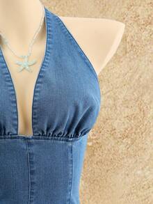 SHEIN MOD Women's Denim Patchwork Ruffle Hem Sexy Halter Neck Dress - Multicolor - View 5