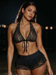 Swim SXY Bộ bikini 3 mảnh gợi cảm, bán chạy nhất năm 2026, gồm áo bikini cổ yếm buộc dây phía trước và chân váy mini ren buộc dây bên hông, thích hợp cho bãi biển, hồ bơi, tiệc tùng. Đồ bơi ren hai mảnh dành cho nữ, bộ bikini chân váy cạp cao. - màu đen - Xem 3