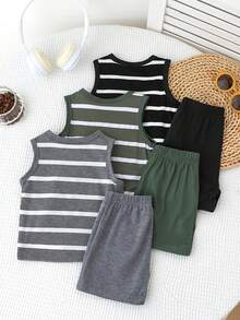SHEIN Playful Pals 3件套男婴/男女通用婴儿幼儿新生儿0-3岁条纹圆领露肩背心带口袋和短裤，易于穿脱，百搭夏季套装，男婴套装，度假休闲套装 - 彩色 - 查看 2