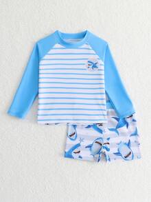 Conjunto de camiseta de protección solar y bañador con estampado de tiburón a rayas para niño pequeño, traje de baño de verano - Multicolor - Ver 5