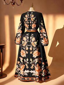 Rometta Váy maxi thắt eo thanh lịch cho nữ cỡ lớn, Váy cổ chữ V họa tiết hoa đi nghỉ và hẹn hò, Váy maxi thắt eo cổ chữ V sang trọng khi đi làm cỡ lớn, Váy maxi họa tiết hoa thời trang giúp thon gọn, Thích hợp cho kỳ nghỉ, tiệc tùng hàng ngày, ăn tối, tụ tập - màu đen - Xem 2