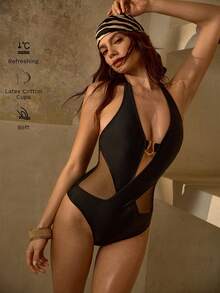 MOTF PREMIUM ELEGANTE TRAJE DE BAÑO MINIMALISTA DE UNA PIEZA CON CONTRASTE DE MALLA PARA MUJER, ADECUADO PARA VACACIONES EN LA PLAYA - Negro - Ver 1