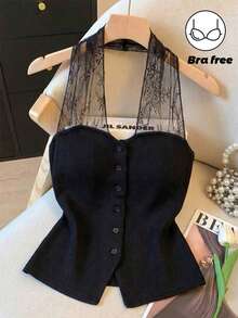 GlowEve Women's Solid Color Minimalist Daily Wear Halter Lace Camisole Tops For Women Elegant Backless Classy Top Black Sexy Tops Cute Black Top Black See Through Top - Black - View 1