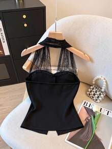 GlowEve Women's Solid Color Minimalist Daily Wear Halter Lace Camisole Tops For Women Elegant Backless Classy Top Black Sexy Tops Cute Black Top Black See Through Top - Black - View 2