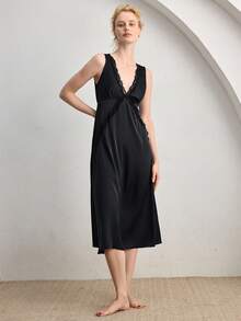 Ocili Leisure Soft Satin Lace Trim Nightgown, Comfortable Chic Autumn Women Sleepwear - Black - View 5